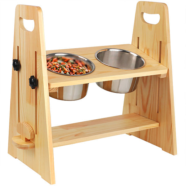 Adjustable Non-Slip Pine Elevated Dog Food Bowl Rack