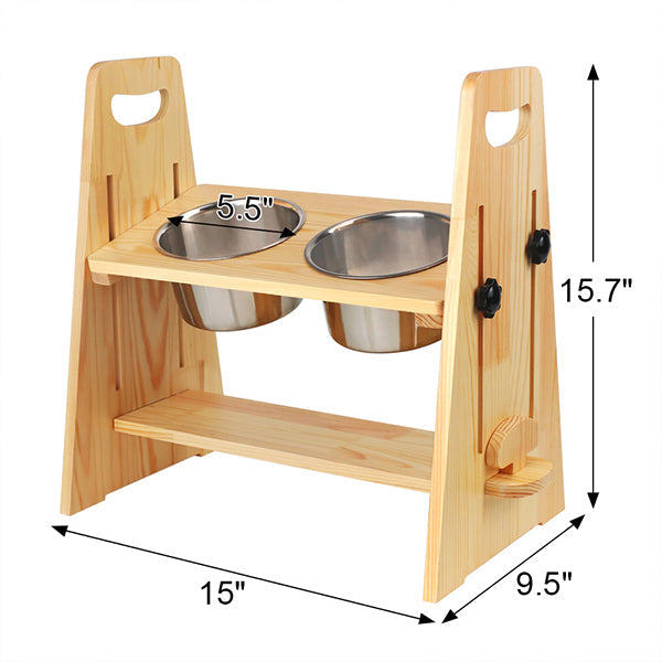 Adjustable Non-Slip Pine Elevated Dog Food Bowl Rack