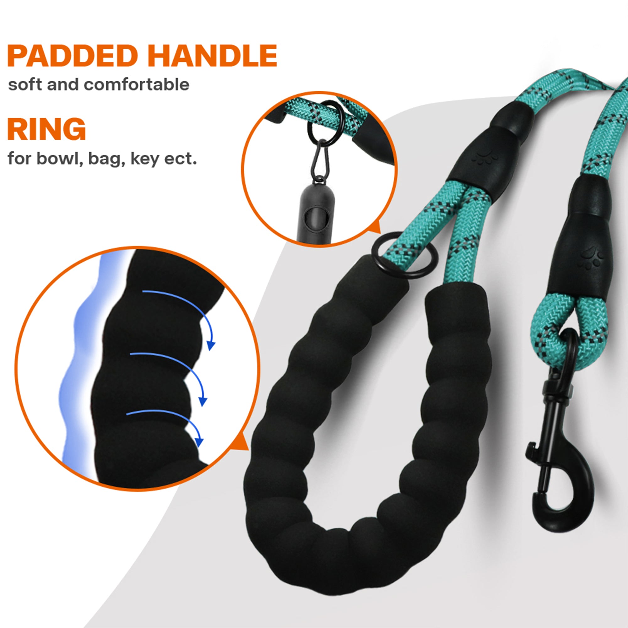 Padded Handle Highly Reflective Threads Dog Leash--Turquoise